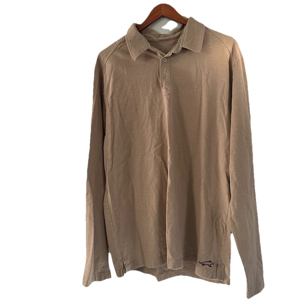Toad&Co Khaki Slub Cotton Long Sleeve Henley Polo Casual Shirt Mens Size XL Logo
